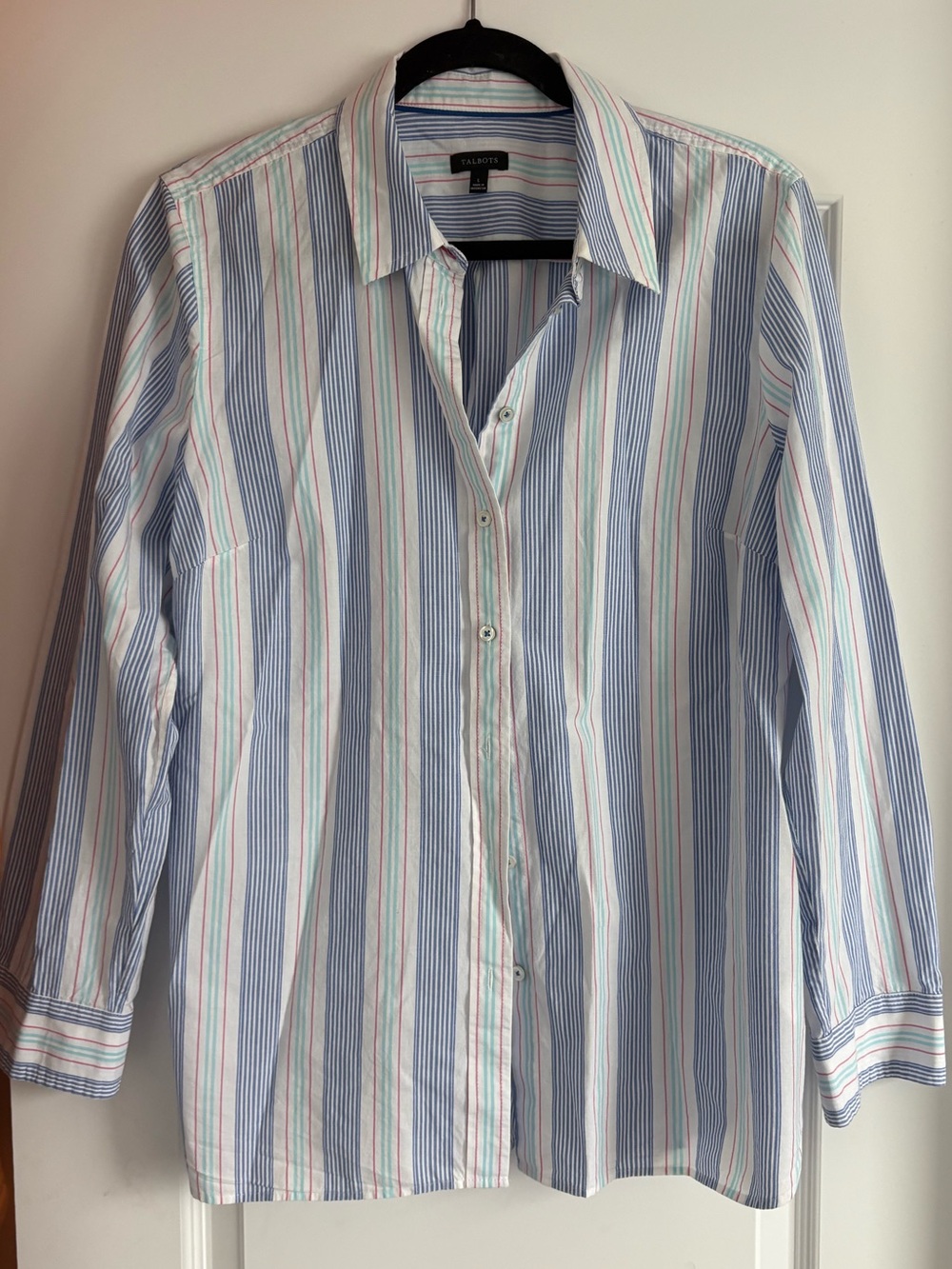 Talbots Large Lightweight Multi-Striped Button-Up Shirt - Blue/White
